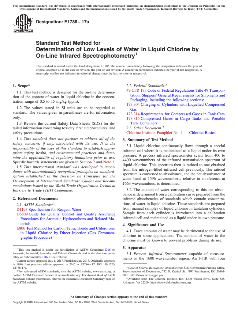 ASTM E1786-17a - Standard Test Method for Determination of Low Levels of Water in Liquid Chlorine by  On-Line Infrared Spectrophotometry
