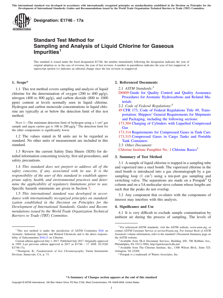 ASTM E1746-17a - Standard Test Method for Sampling and Analysis of Liquid Chlorine for Gaseous Impurities