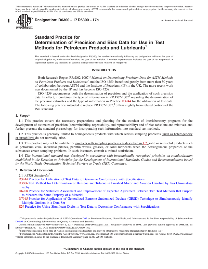 REDLINE ASTM D6300-17a - Standard Practice for  Determination of Precision and Bias Data for Use in Test Methods   for Petroleum Products and Lubricants