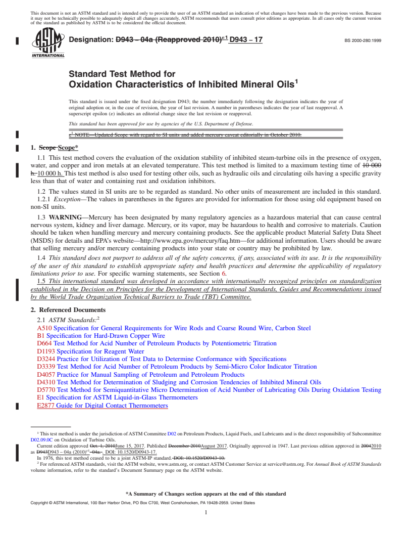 REDLINE ASTM D943-17 - Standard Test Method for  Oxidation Characteristics of Inhibited Mineral Oils