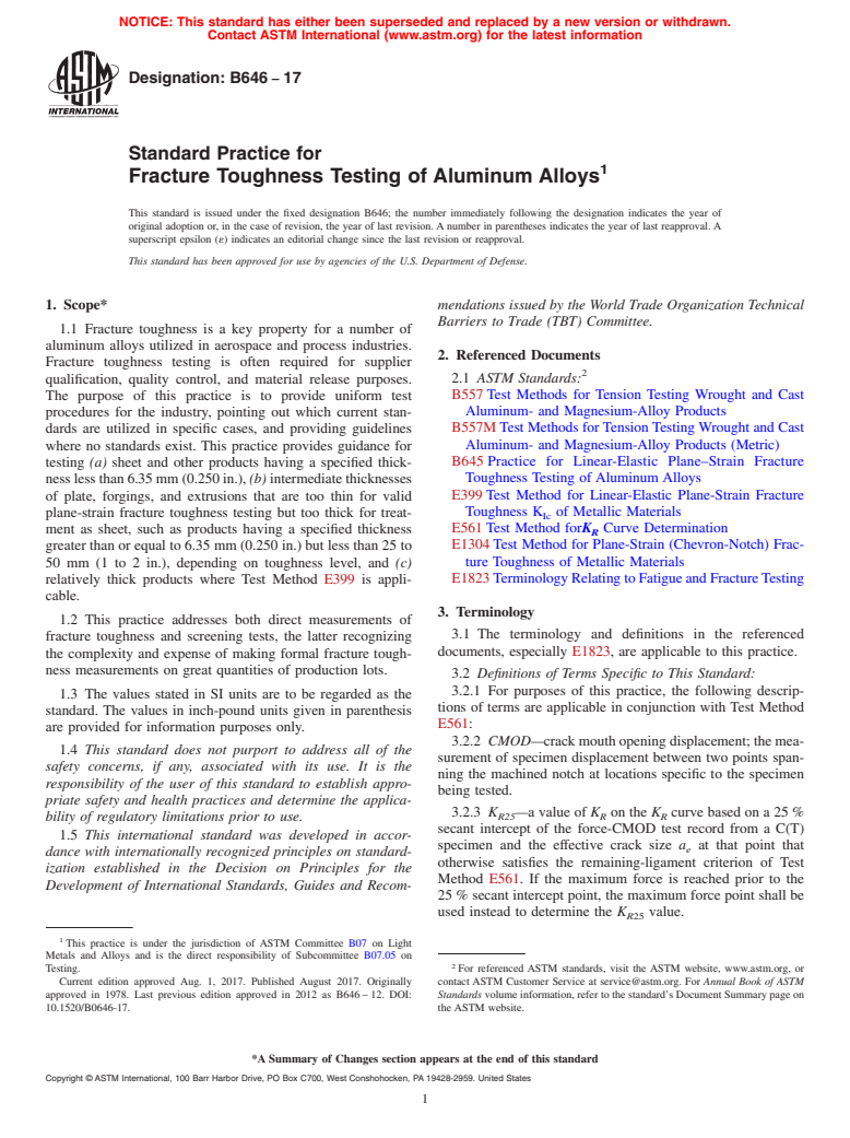 ASTM B646-17 - Standard Practice for  Fracture Toughness Testing of Aluminum Alloys