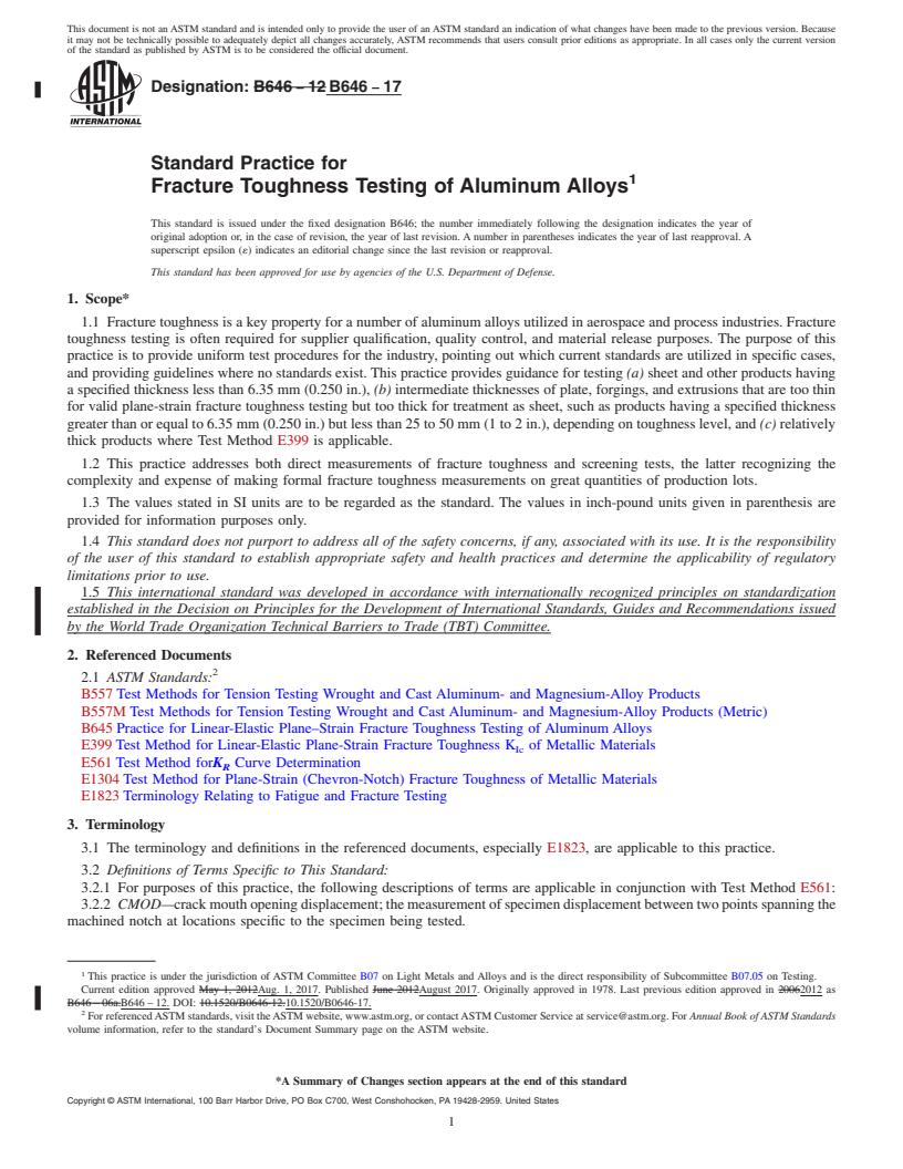 REDLINE ASTM B646-17 - Standard Practice for  Fracture Toughness Testing of Aluminum Alloys