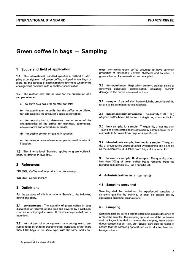 ISO 4072:1982 - Green coffee in bags -- Sampling