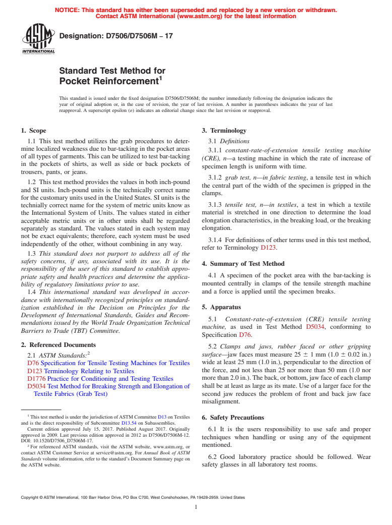 ASTM D7506/D7506M-17 - Standard Test Method for  Pocket Reinforcement