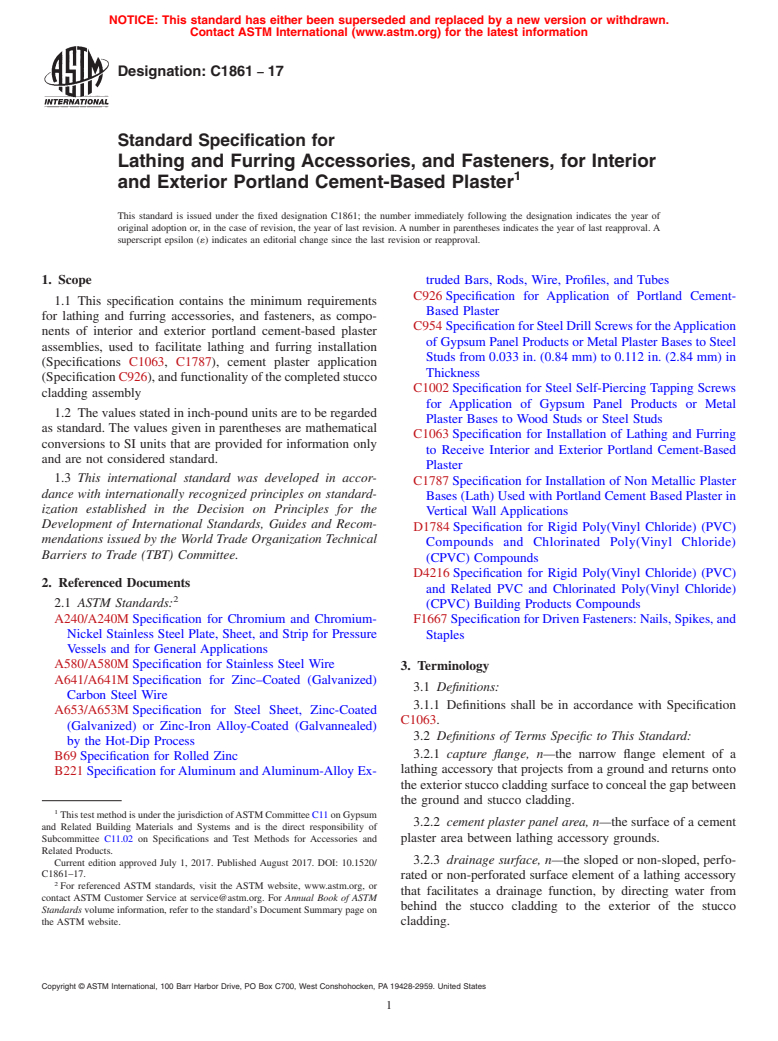 ASTM C1861-17 - Standard Specification for Lathing and Furring Accessories, and Fasteners, for Interior  and Exterior Portland Cement-Based Plaster