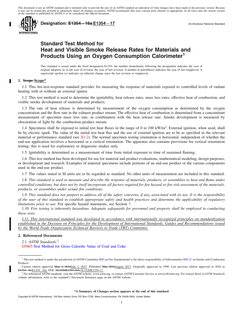 REDLINE ASTM E1354-17 - Standard Test Method for  Heat and Visible Smoke Release Rates for Materials and Products  Using an Oxygen Consumption Calorimeter