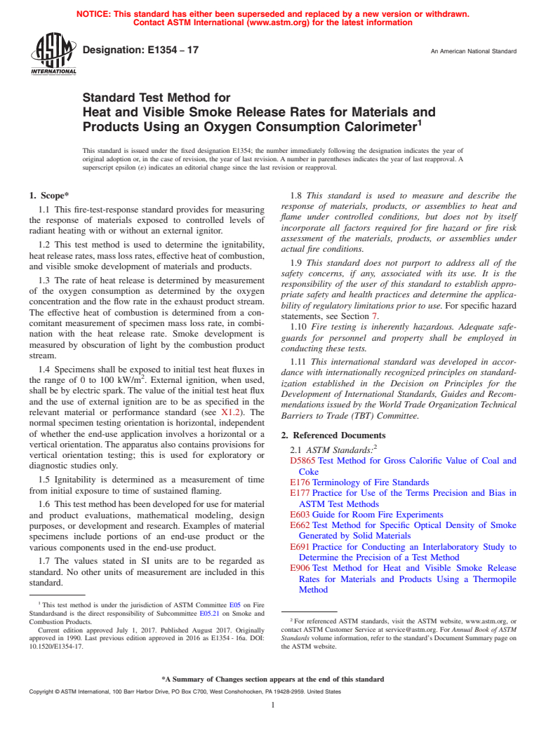 ASTM E1354-17 - Standard Test Method for  Heat and Visible Smoke Release Rates for Materials and Products  Using an Oxygen Consumption Calorimeter