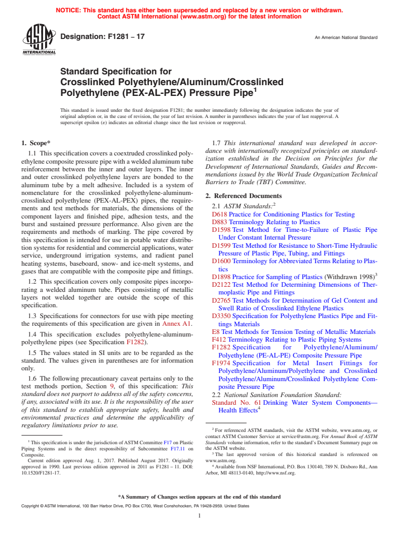 ASTM F1281-17 - Standard Specification for  Crosslinked Polyethylene/Aluminum/Crosslinked Polyethylene  (PEX-AL-PEX) Pressure Pipe