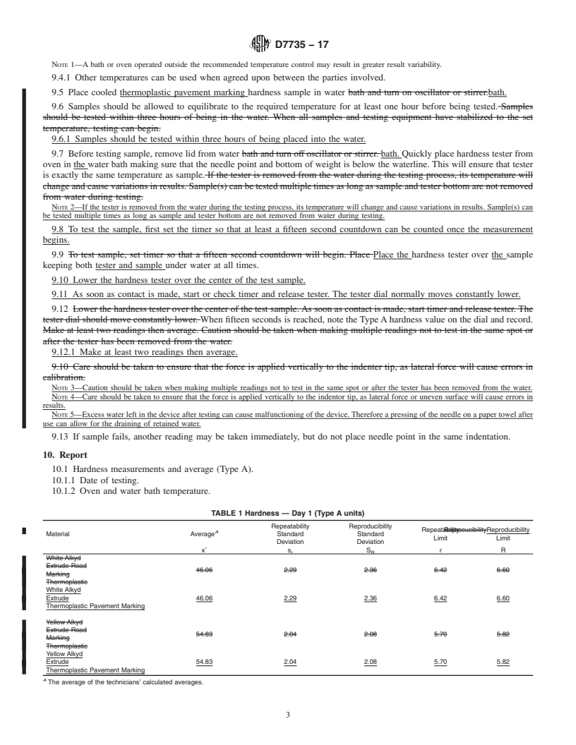 REDLINE ASTM D7735-17 - Standard Test Method for Type A Durometer Hardness Testing of Thermoplastic Pavement  Marking at Elevated Temperatures