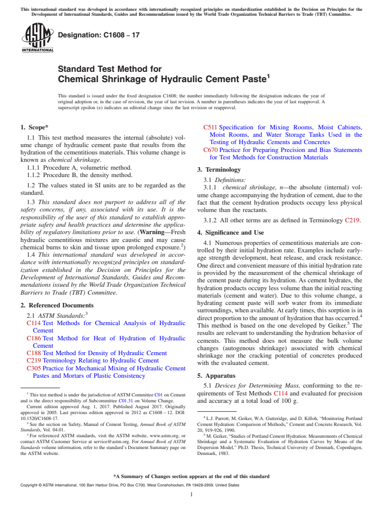 ASTM C1608-17 - Standard Test Method for  Chemical Shrinkage of Hydraulic Cement Paste