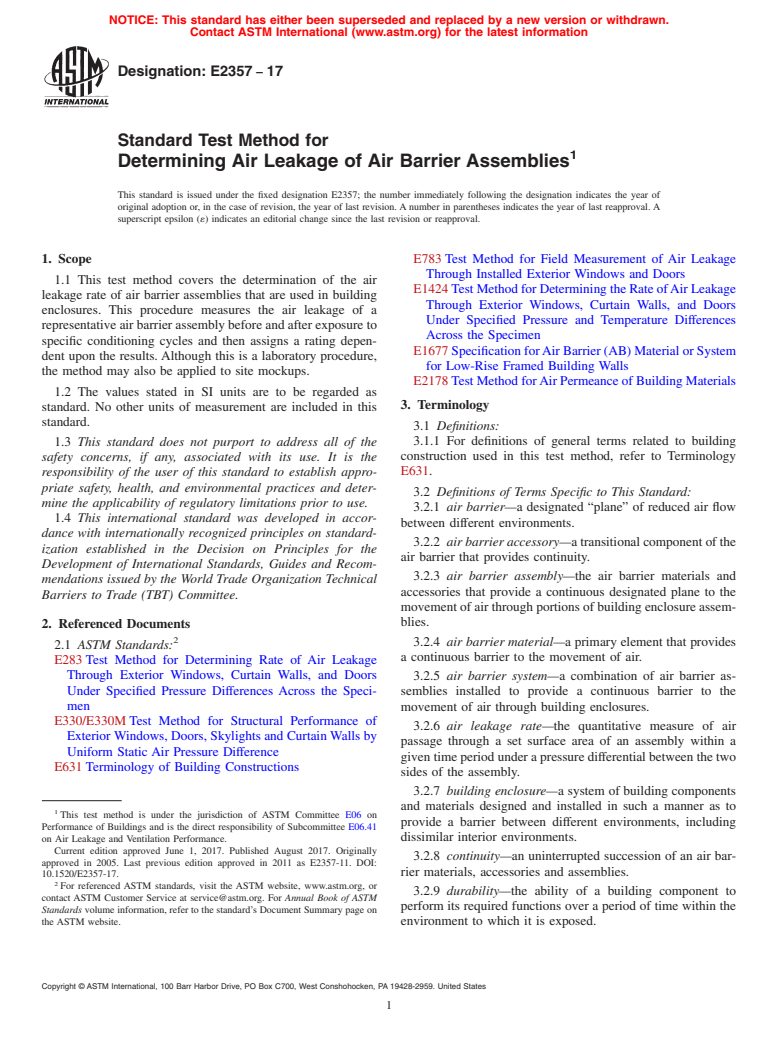 ASTM E2357-17 - Standard Test Method for Determining Air Leakage of Air Barrier Assemblies
