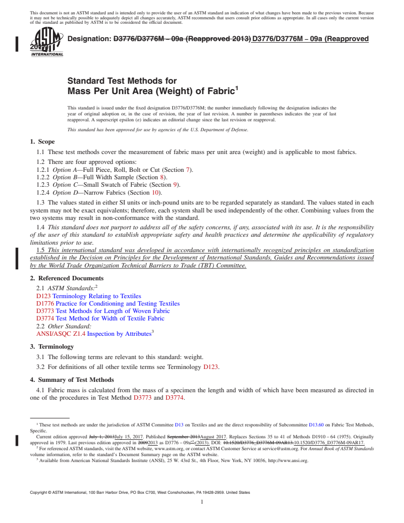 REDLINE ASTM D3776/D3776M-09a(2017) - Standard Test Methods for  Mass Per Unit Area (Weight) of Fabric