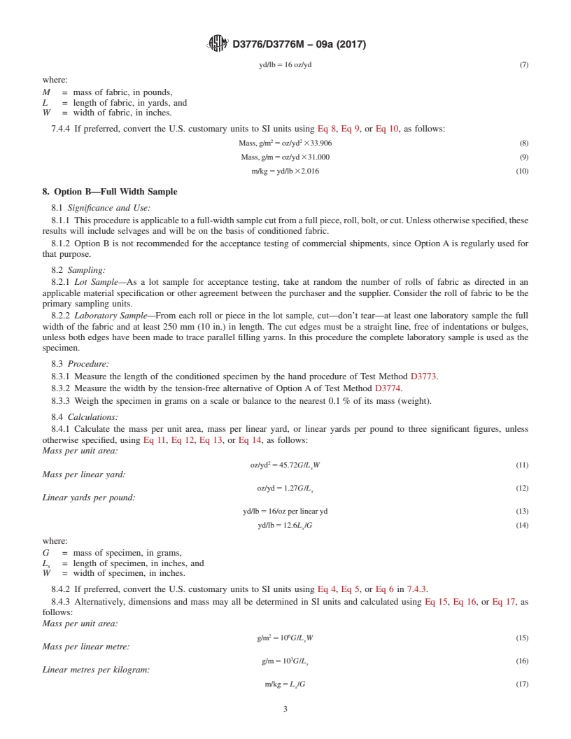 REDLINE ASTM D3776/D3776M-09a(2017) - Standard Test Methods for  Mass Per Unit Area (Weight) of Fabric