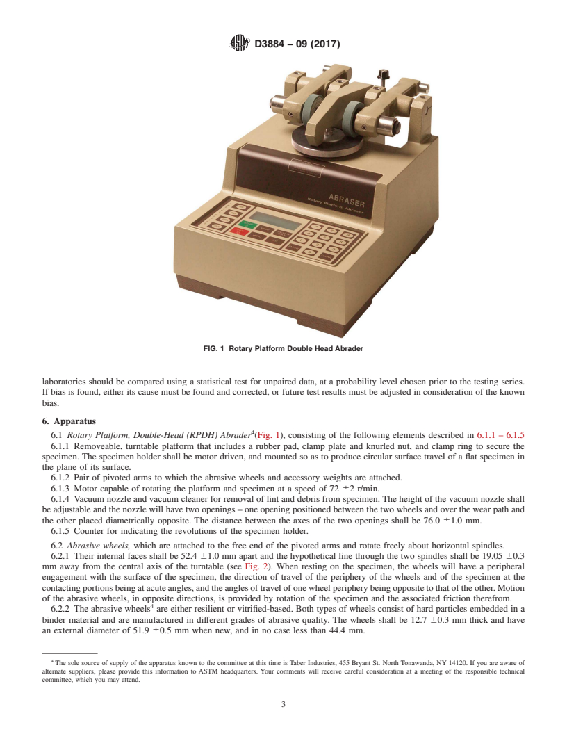 REDLINE ASTM D3884-09(2017) - Standard Guide for  Abrasion Resistance of Textile Fabrics (Rotary Platform, Double-Head  Method)