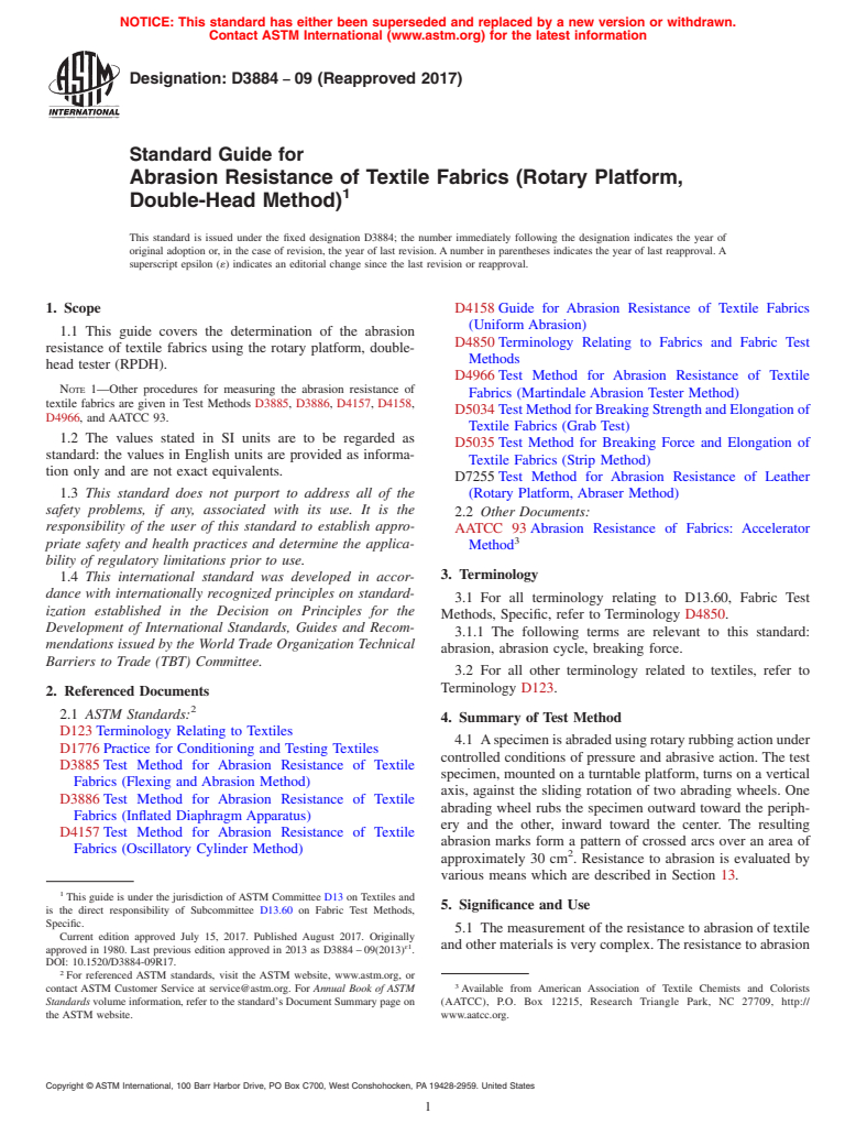 ASTM D3884-09(2017) - Standard Guide for  Abrasion Resistance of Textile Fabrics (Rotary Platform, Double-Head  Method)