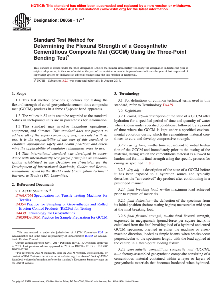 ASTM D8058-17e1 - Standard Test Method for Determining the Flexural Strength of a Geosynthetic Cementitious  Composite Mat (GCCM) Using the Three-Point Bending Test