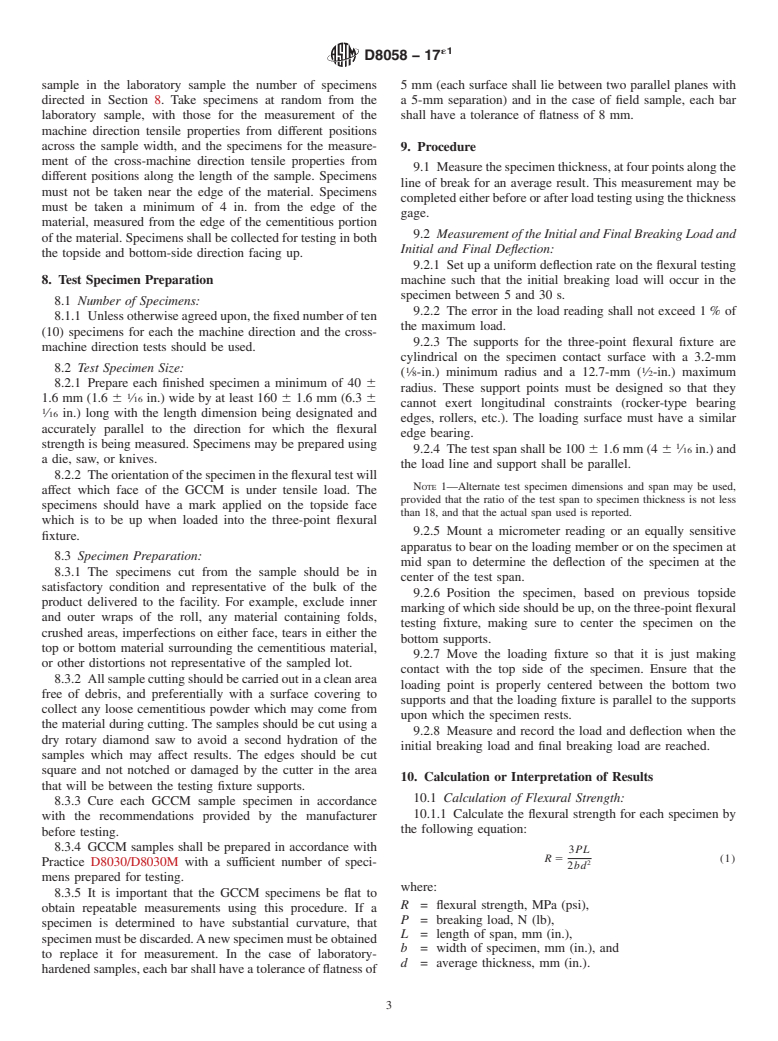 ASTM D8058-17e1 - Standard Test Method for Determining the Flexural Strength of a Geosynthetic Cementitious  Composite Mat (GCCM) Using the Three-Point Bending Test