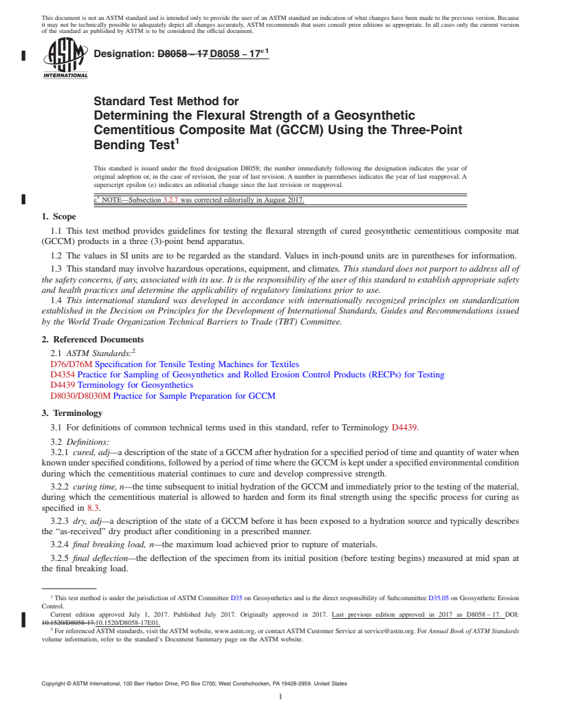 REDLINE ASTM D8058-17e1 - Standard Test Method for Determining the Flexural Strength of a Geosynthetic Cementitious  Composite Mat (GCCM) Using the Three-Point Bending Test