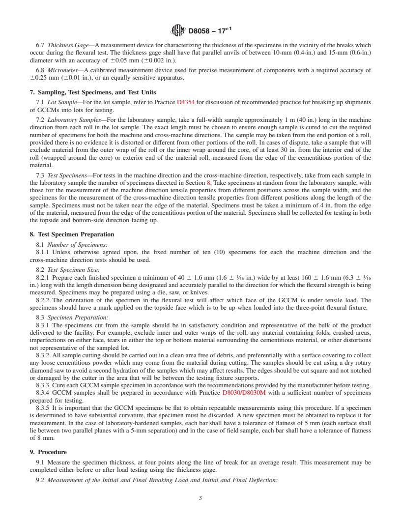 REDLINE ASTM D8058-17e1 - Standard Test Method for Determining the Flexural Strength of a Geosynthetic Cementitious  Composite Mat (GCCM) Using the Three-Point Bending Test