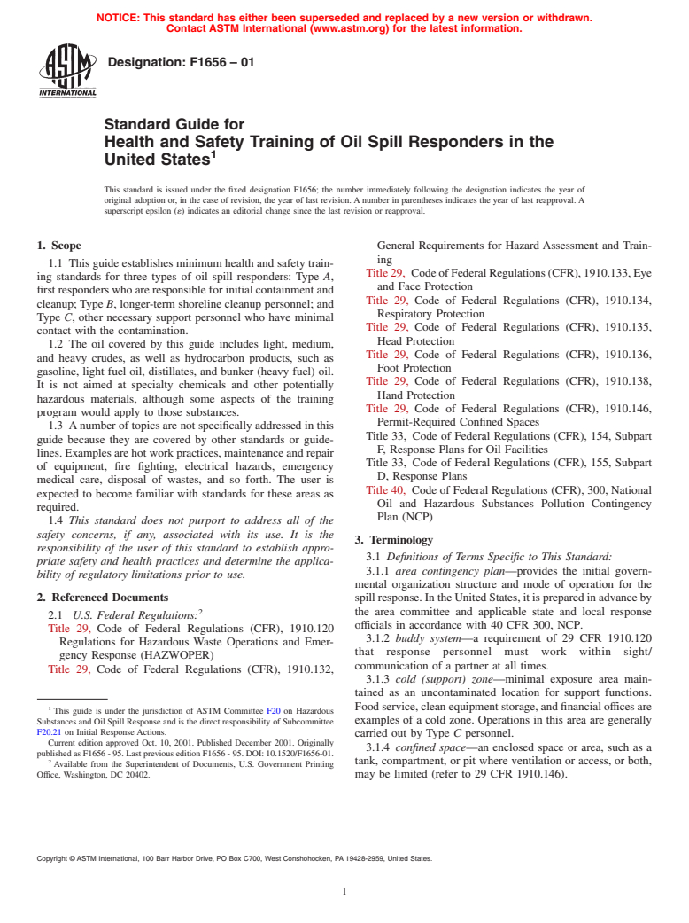 ASTM F1656-01 - Standard Guide for Health and Safety Training of Oil Spill Responders in the United States (Withdrawn 2010)