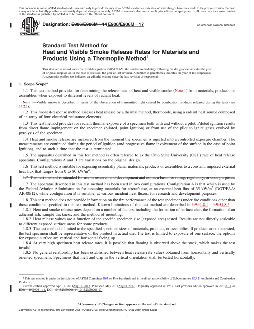 REDLINE ASTM E906/E906M-17 - Standard Test Method for  Heat and Visible Smoke Release Rates for Materials and Products  Using a Thermopile Method