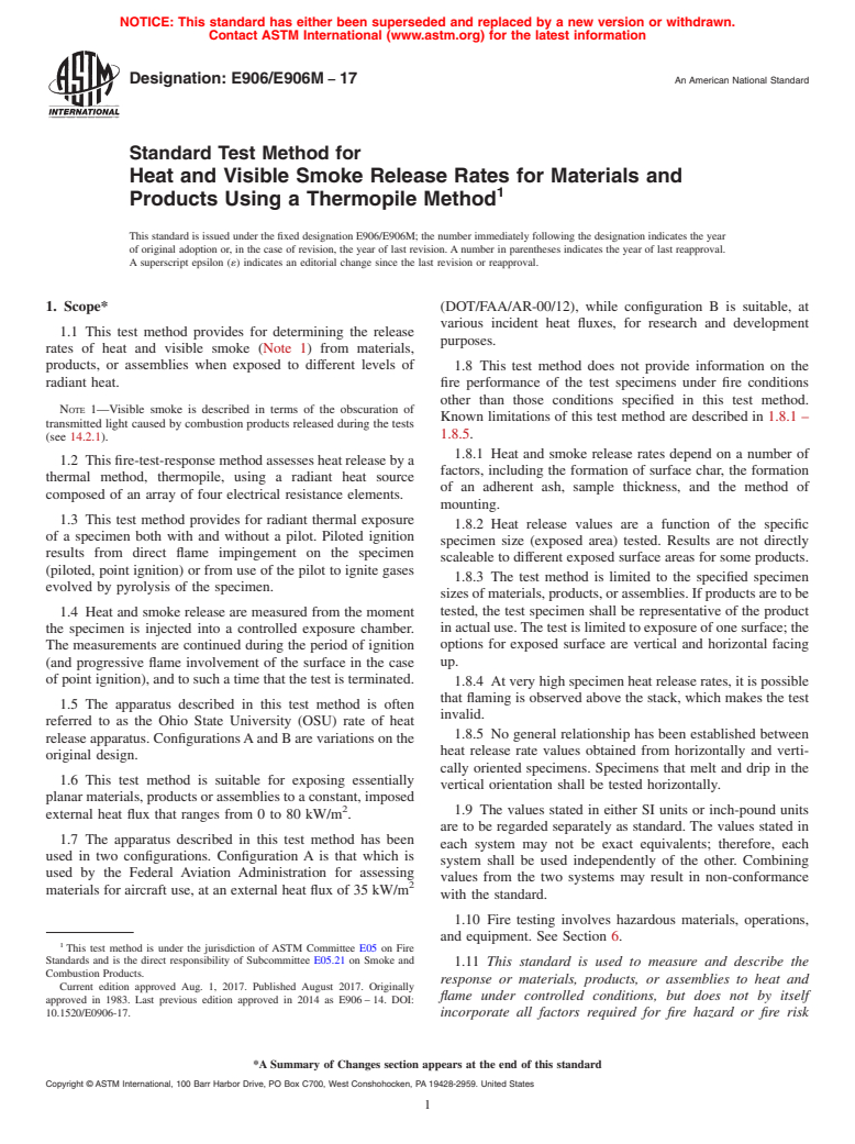 ASTM E906/E906M-17 - Standard Test Method for  Heat and Visible Smoke Release Rates for Materials and Products  Using a Thermopile Method