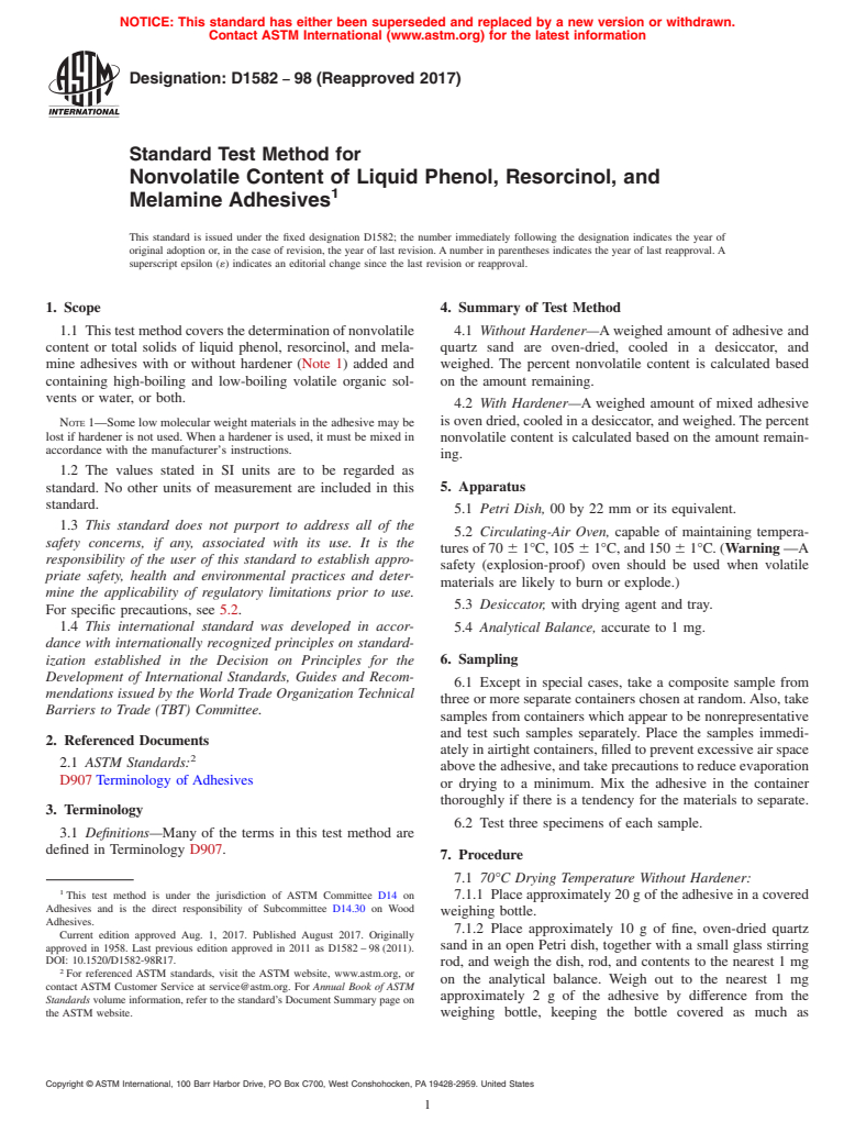 ASTM D1582-98(2017) - Standard Test Method for Nonvolatile Content of Liquid Phenol, Resorcinol, and Melamine  Adhesives