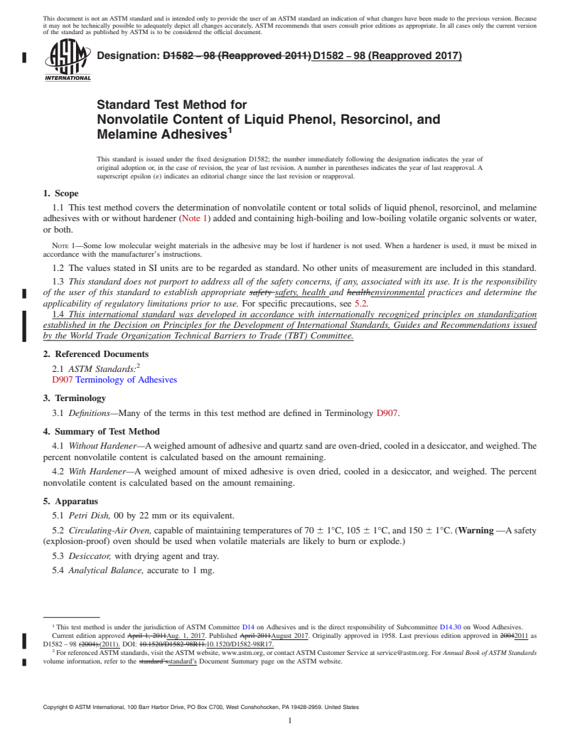 REDLINE ASTM D1582-98(2017) - Standard Test Method for Nonvolatile Content of Liquid Phenol, Resorcinol, and Melamine  Adhesives