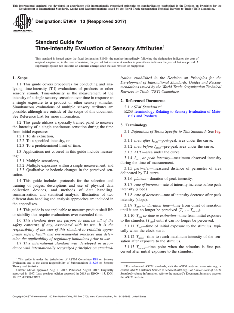 ASTM E1909-13(2017) - Standard Guide for  Time-Intensity Evaluation of Sensory Attributes