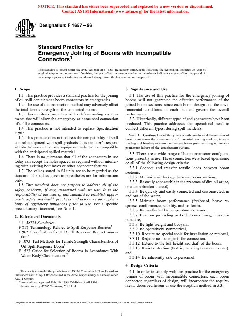 ASTM F1657-96 - Standard Practice for Emergency Joining of Booms with Incompatible Connectors