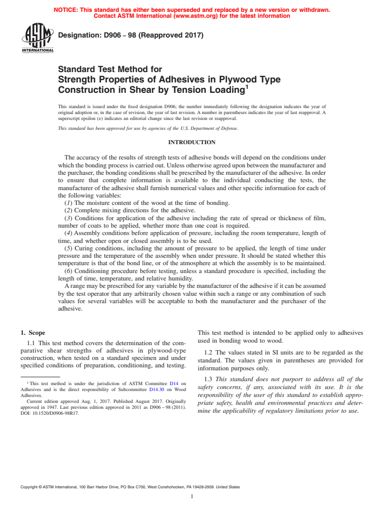 ASTM D906-98(2017) - Standard Test Method for Strength Properties of Adhesives in Plywood Type Construction  in Shear by Tension Loading