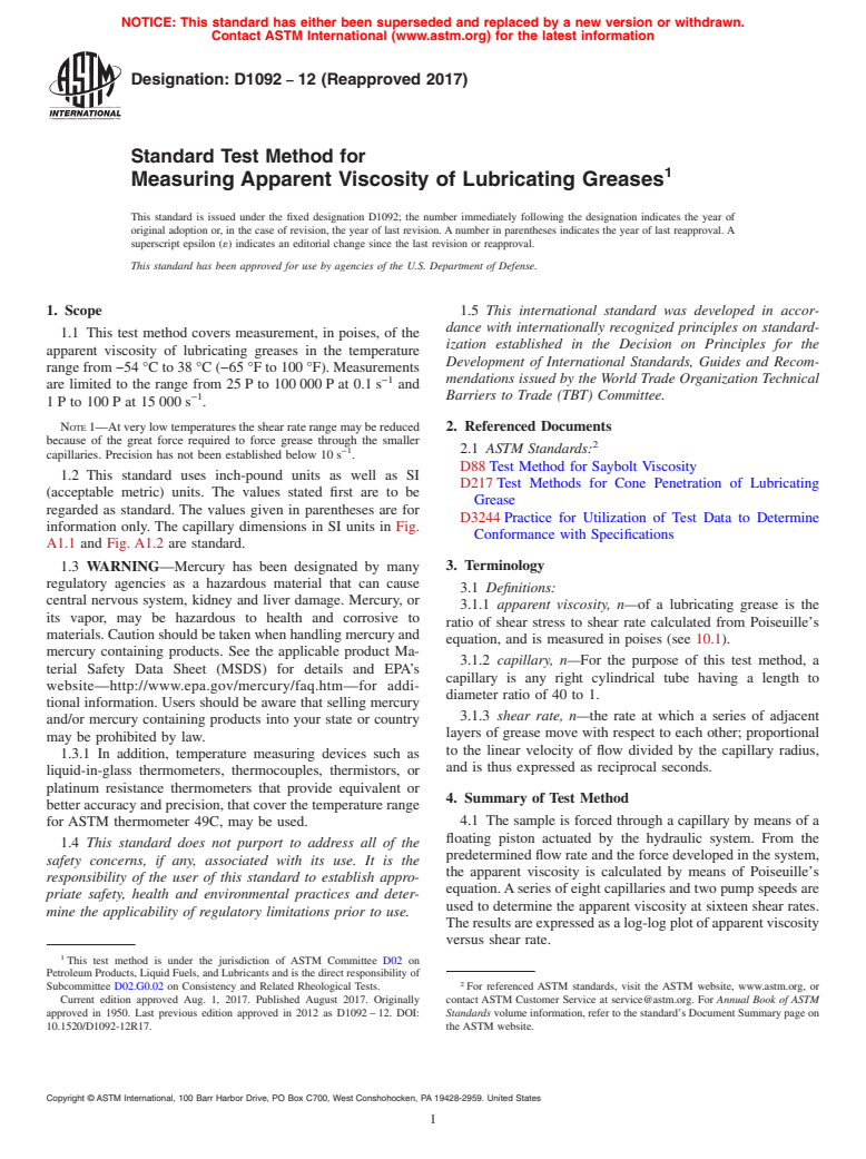 ASTM D1092-12(2017) - Standard Test Method for Measuring Apparent Viscosity of Lubricating Greases