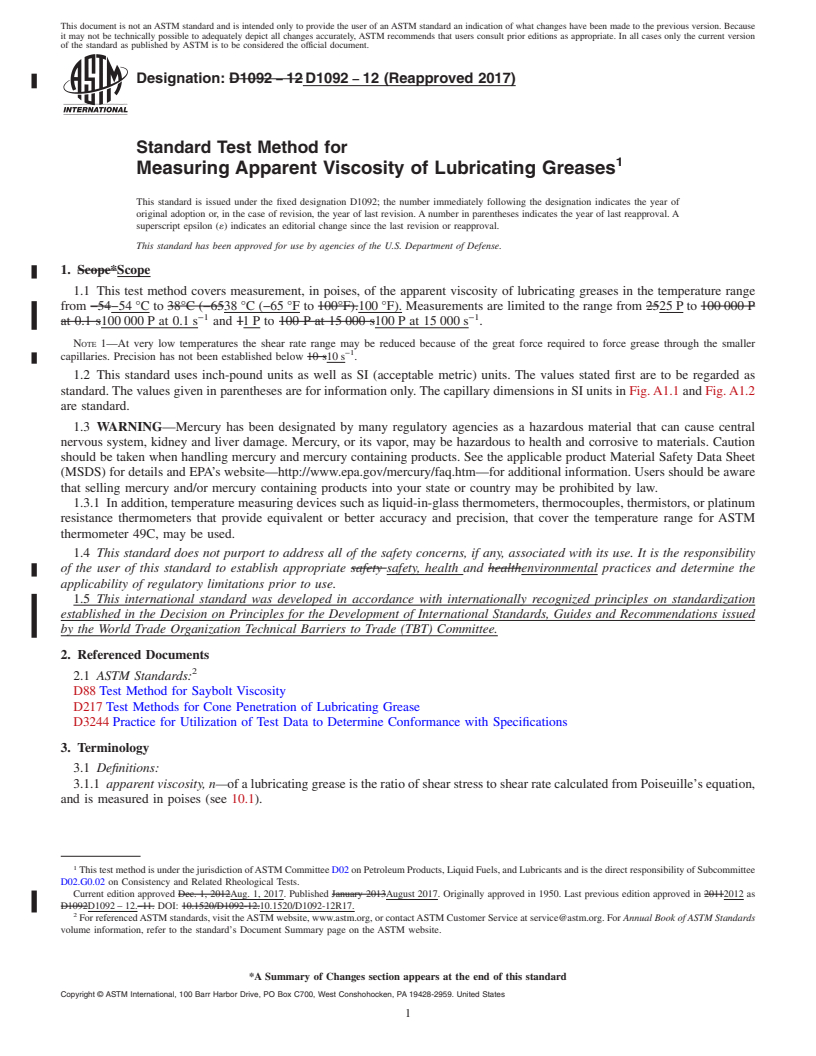 REDLINE ASTM D1092-12(2017) - Standard Test Method for Measuring Apparent Viscosity of Lubricating Greases