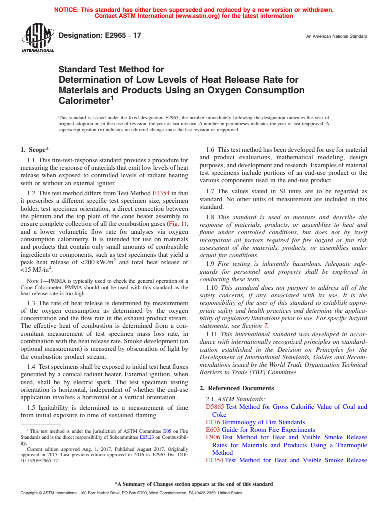 ASTM E2965-17 - Standard Test Method for Determination of Low Levels of Heat Release Rate for Materials  and Products Using an Oxygen Consumption Calorimeter