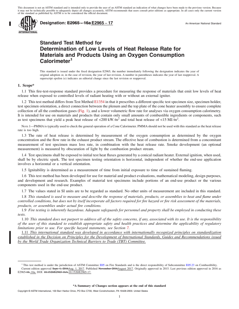 REDLINE ASTM E2965-17 - Standard Test Method for Determination of Low Levels of Heat Release Rate for Materials  and Products Using an Oxygen Consumption Calorimeter