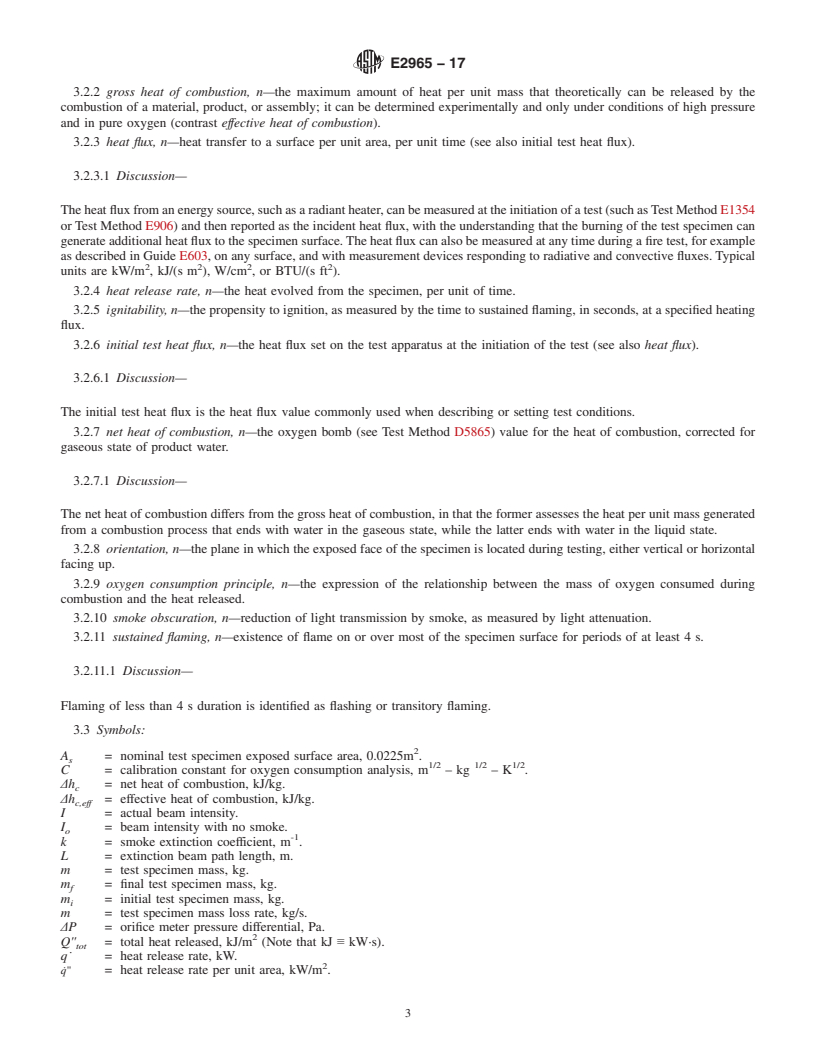 REDLINE ASTM E2965-17 - Standard Test Method for Determination of Low Levels of Heat Release Rate for Materials  and Products Using an Oxygen Consumption Calorimeter