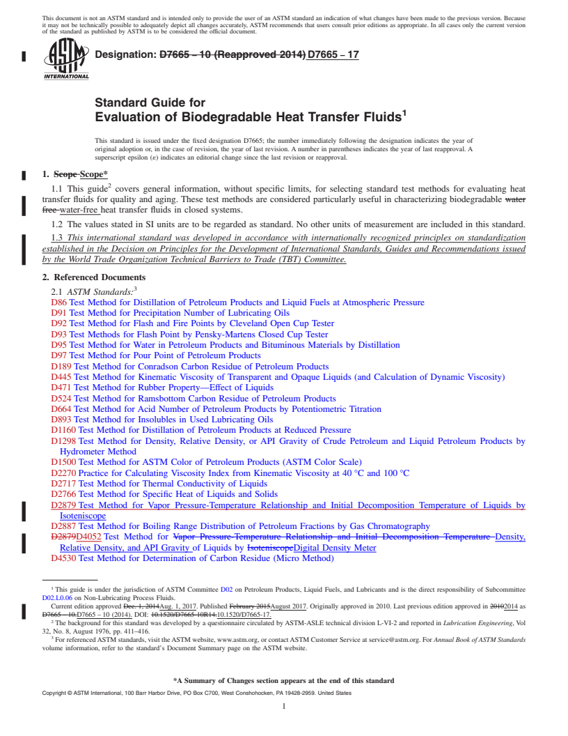 REDLINE ASTM D7665-17 - Standard Guide for  Evaluation of Biodegradable Heat Transfer Fluids