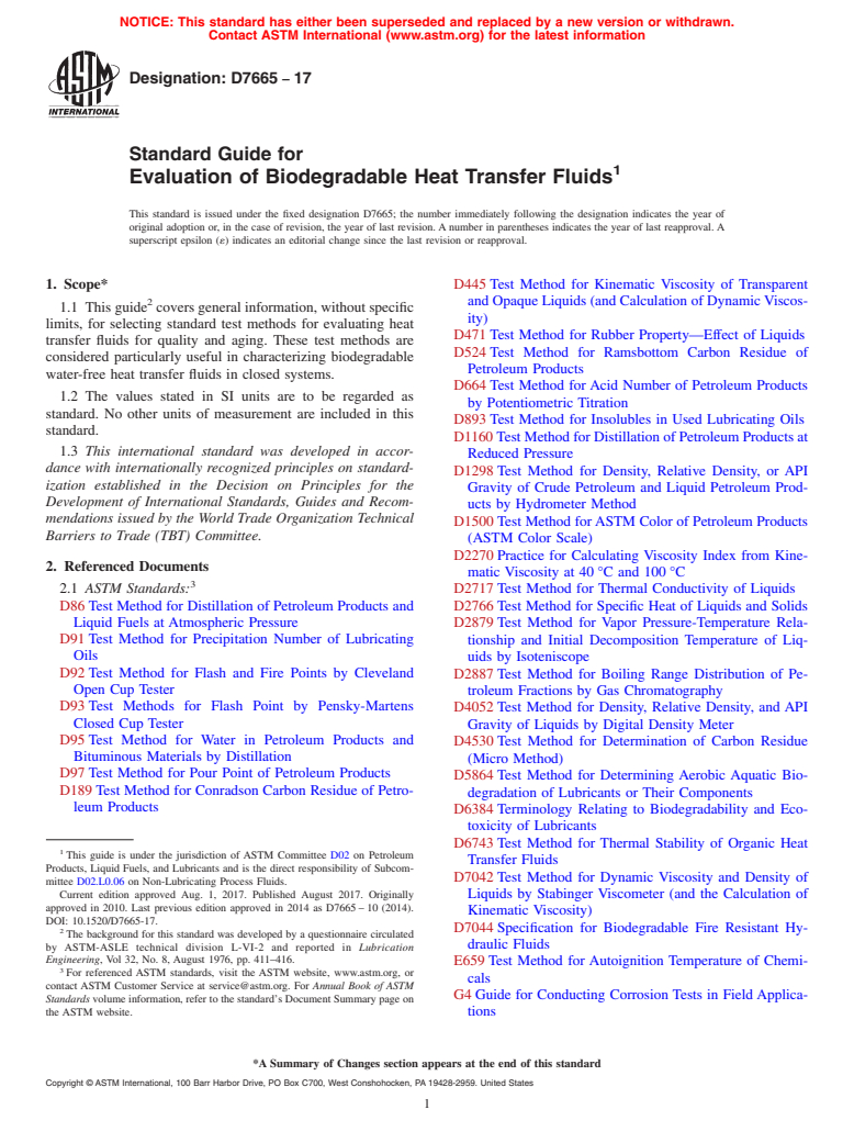 ASTM D7665-17 - Standard Guide for  Evaluation of Biodegradable Heat Transfer Fluids