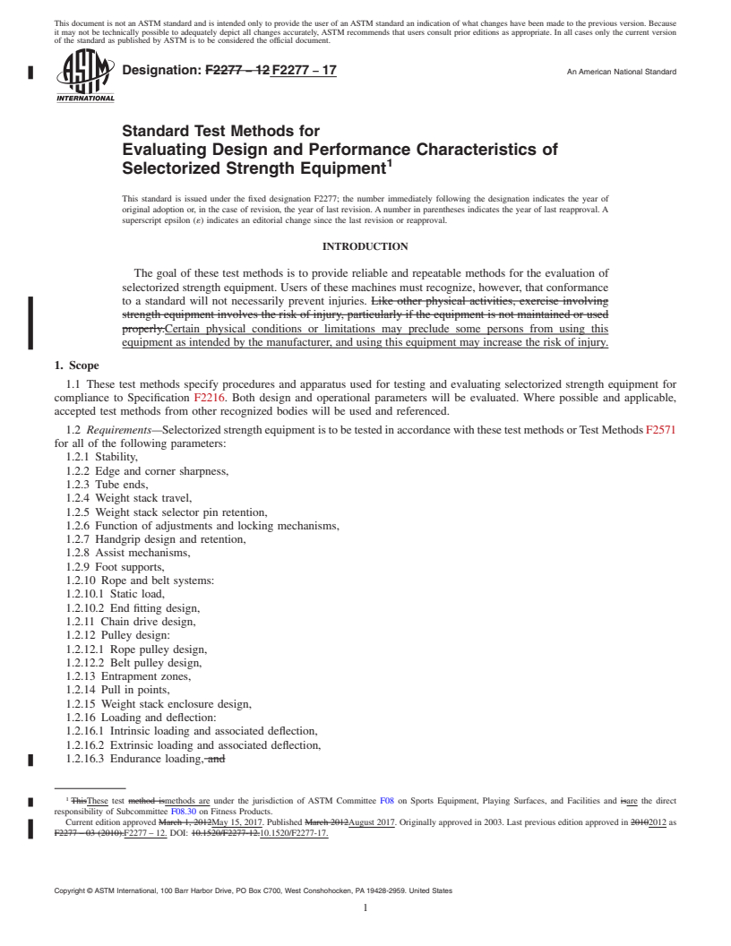 REDLINE ASTM F2277-17 - Standard Test Methods for Evaluating Design and Performance Characteristics of Selectorized  Strength Equipment