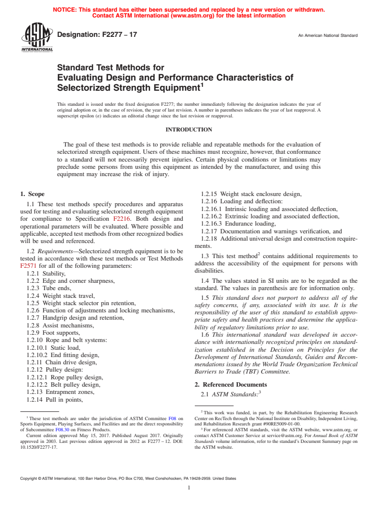 ASTM F2277-17 - Standard Test Methods for Evaluating Design and Performance Characteristics of Selectorized  Strength Equipment