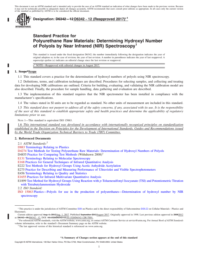 REDLINE ASTM D6342-12(2017)e1 - Standard Practice for Polyurethane Raw Materials: Determining Hydroxyl Number of  Polyols by Near Infrared (NIR) Spectroscopy