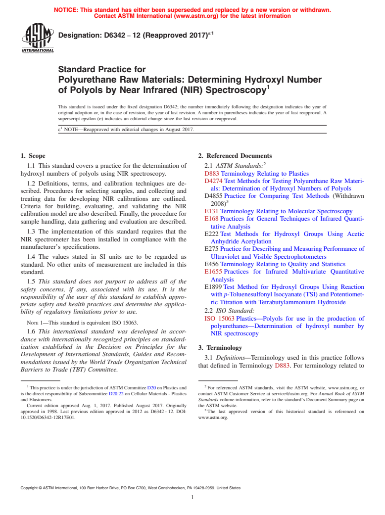 ASTM D6342-12(2017)e1 - Standard Practice for Polyurethane Raw Materials: Determining Hydroxyl Number of  Polyols by Near Infrared (NIR) Spectroscopy