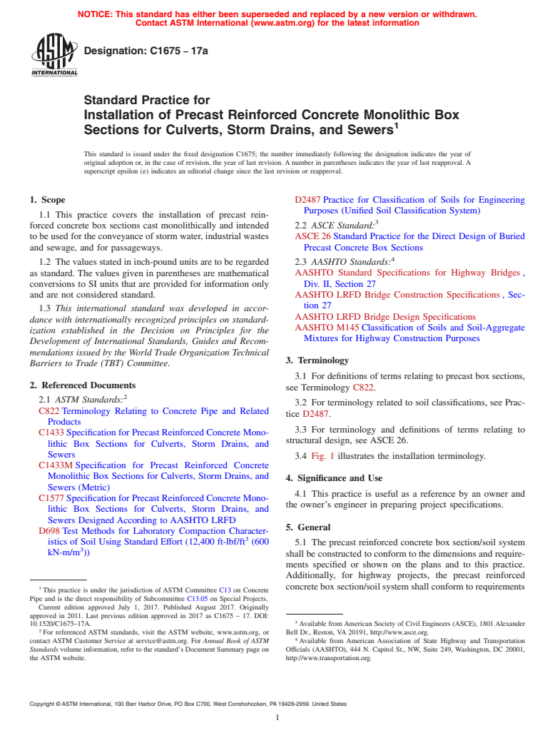 ASTM C1675-17a - Standard Practice for  Installation of Precast Reinforced Concrete Monolithic Box   Sections for Culverts, Storm Drains, and Sewers