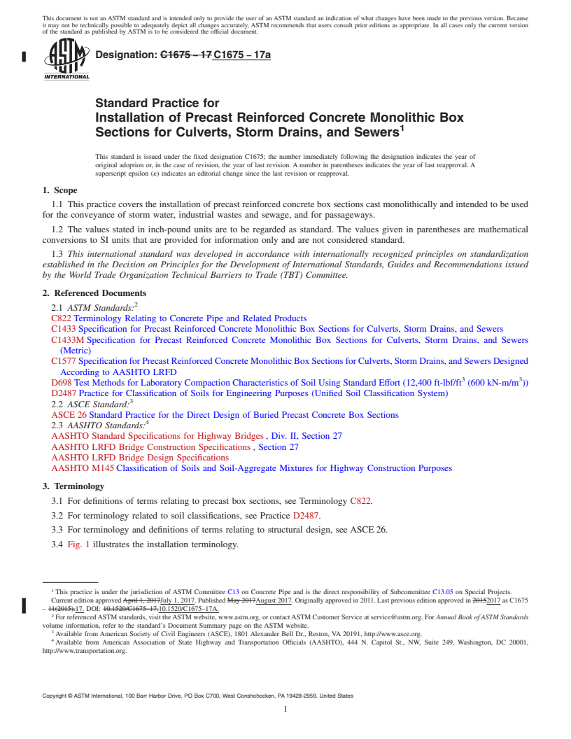 REDLINE ASTM C1675-17a - Standard Practice for  Installation of Precast Reinforced Concrete Monolithic Box   Sections for Culverts, Storm Drains, and Sewers