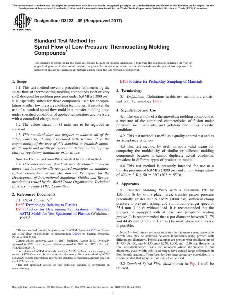 ASTM D3123-09(2017) - Standard Test Method for Spiral Flow of Low-Pressure Thermosetting Molding Compounds