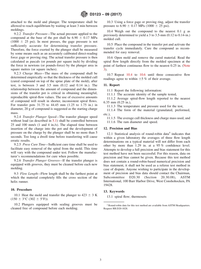 ASTM D3123-09(2017) - Standard Test Method for Spiral Flow of Low-Pressure Thermosetting Molding Compounds