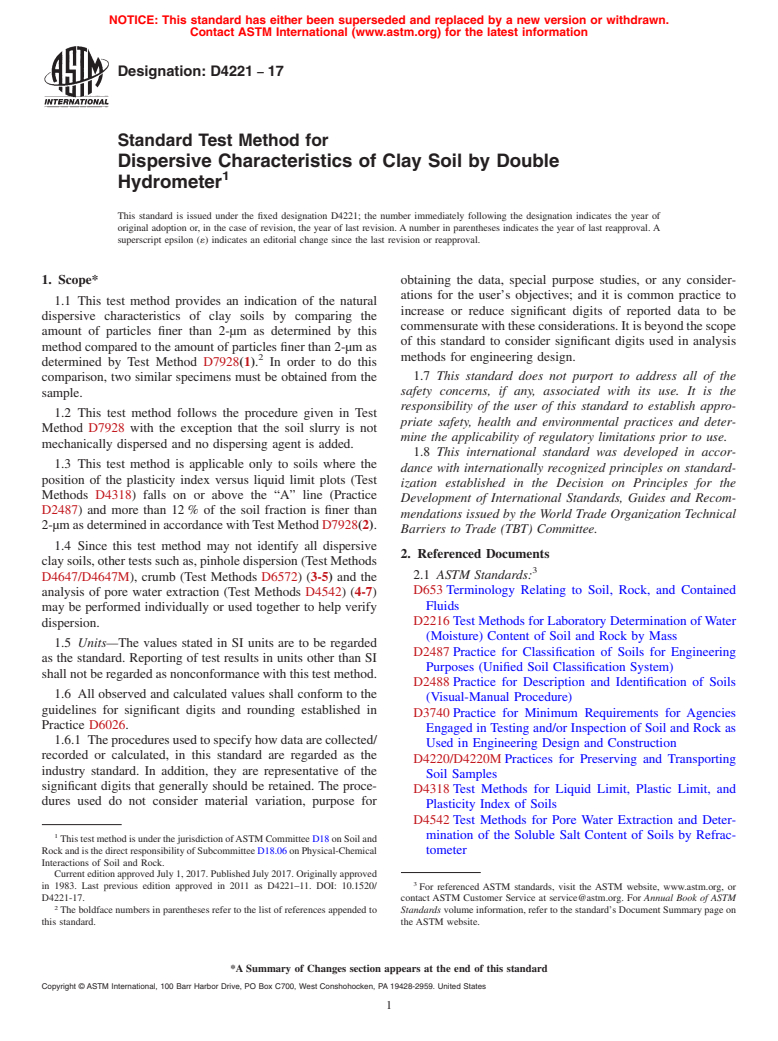 ASTM D4221-17 - Standard Test Method for  Dispersive Characteristics of Clay Soil by Double Hydrometer