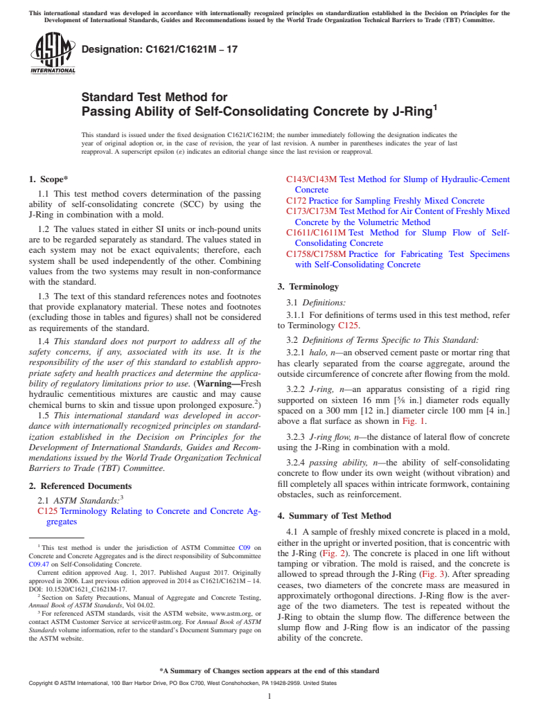 ASTM C1621/C1621M-17 - Standard Test Method for  Passing Ability of Self-Consolidating Concrete by J-Ring