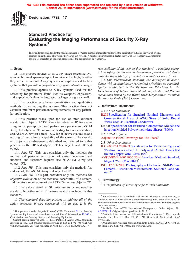 ASTM F792-17 - Standard Practice for  Evaluating the Imaging Performance of Security X-Ray Systems