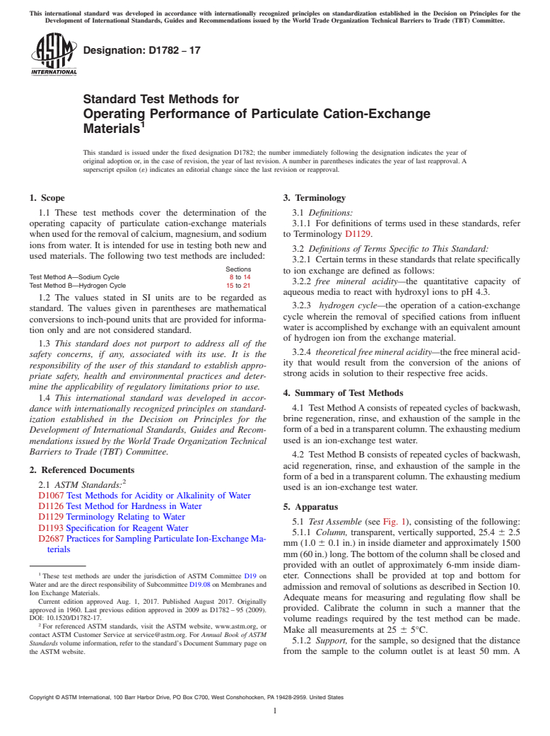 ASTM D1782-17 - Standard Test Methods for  Operating Performance of Particulate Cation-Exchange Materials